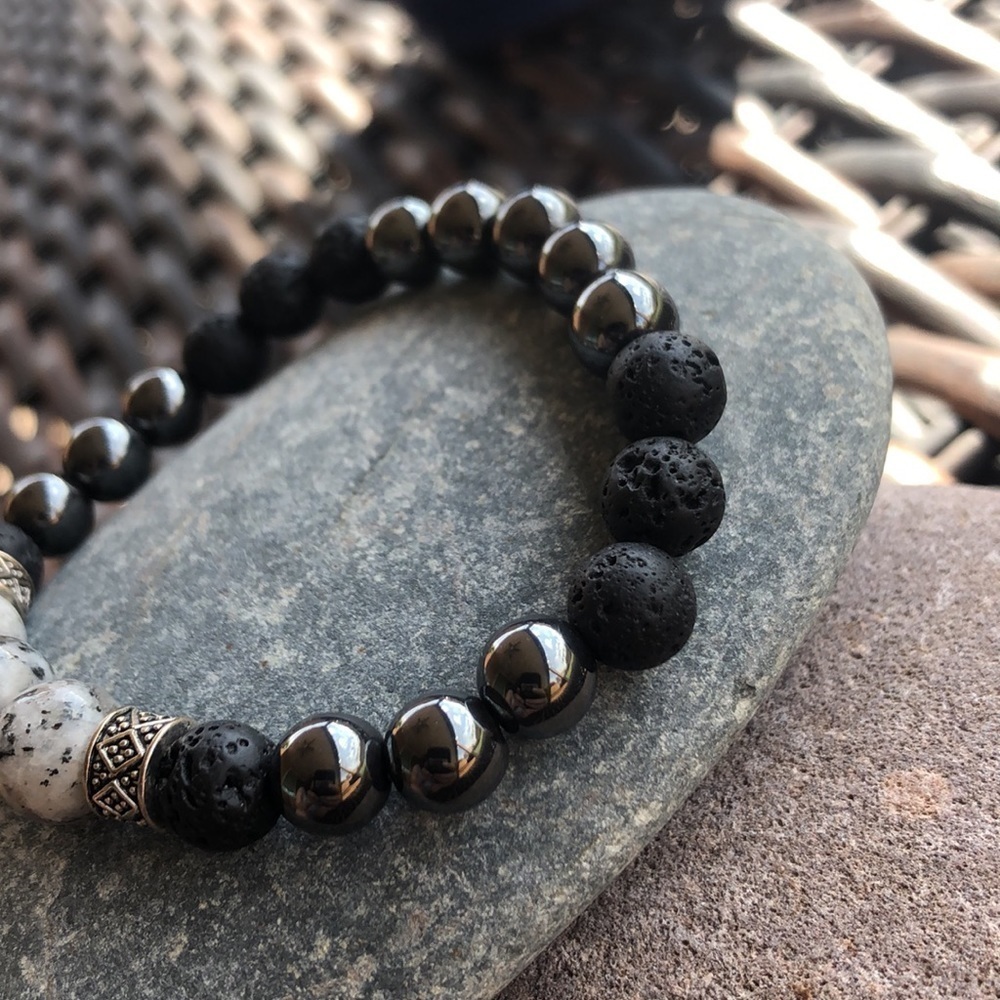Handmade stretch bracelet,sesame Jasper beads,lava beads and hematite,size S/M - Picture 7 of 10